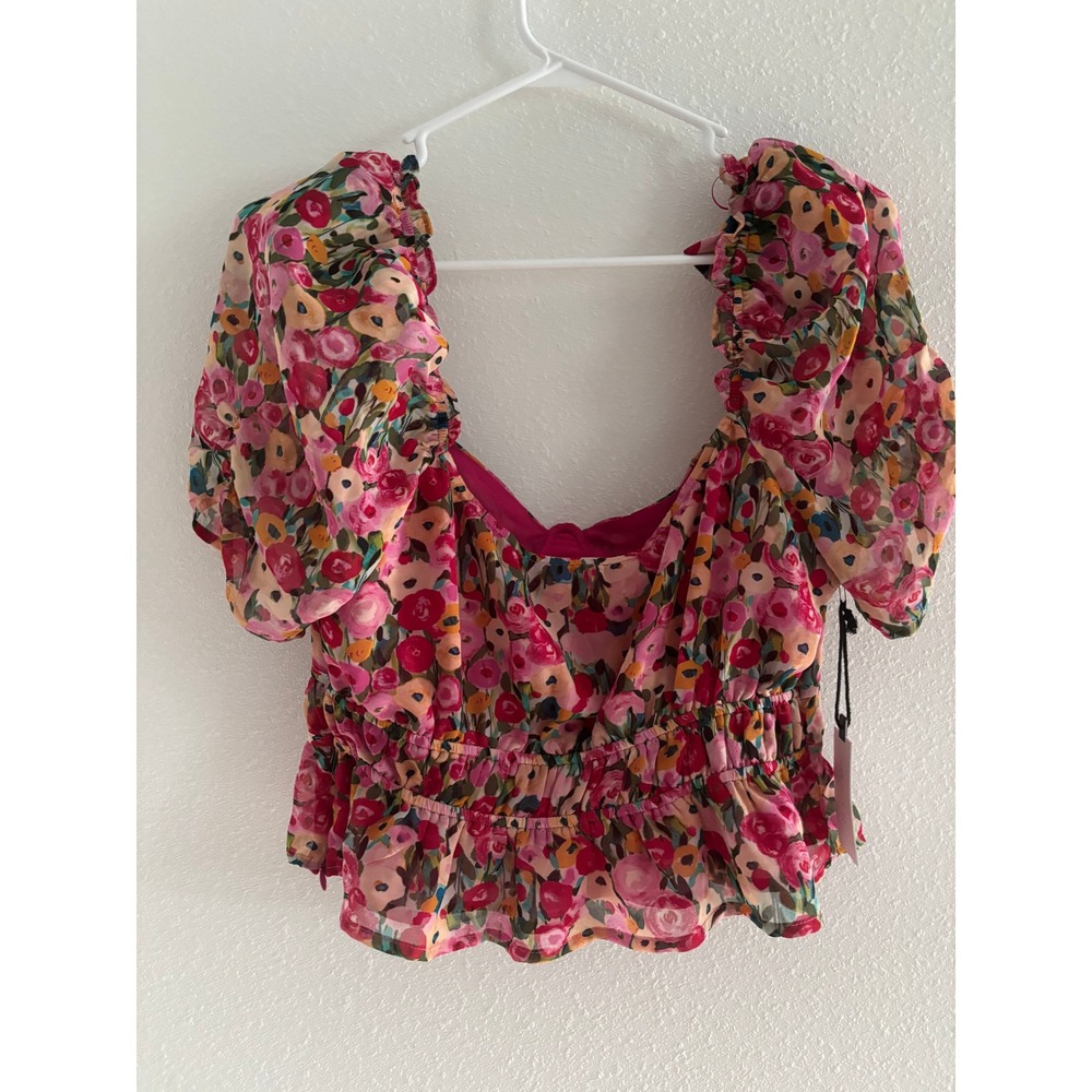 ASTR Top Women Large Pink Floral Puff Sleeve Corset Cropped Boho Coquette Preppy - Picture 2 of 4
